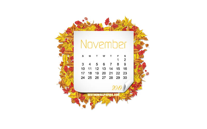 2019 November Calendar, autumn frame, 2019 calendar, November, frame with yellow leaves, creative art, white background, November 2019 Calendar, HD wallpaper
