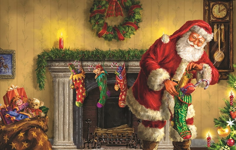 Working Santa, gifts, ornaments, christmas, holiday, painting, artwork, chimney, HD wallpaper
