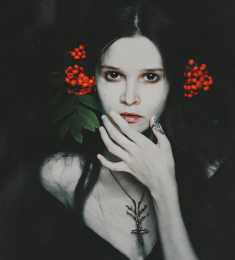 Natalia Drepina, women, model, face, dark eyes, dark hair, long hair, Russian, Russian women, pale, plants, dark background, HD phone wallpaper