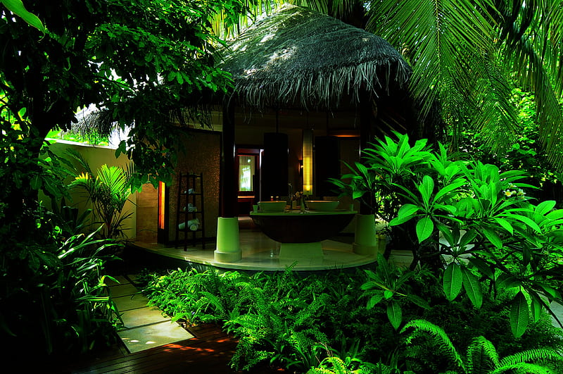 Lush Tropical Outdoor Bathroom, outside, polynesia, islands, exotic, bath, villa, outdoors, hot tub, suite, paradise, bathroom, jacuzzi, island, tropical, south pacific, luxury, HD wallpaper