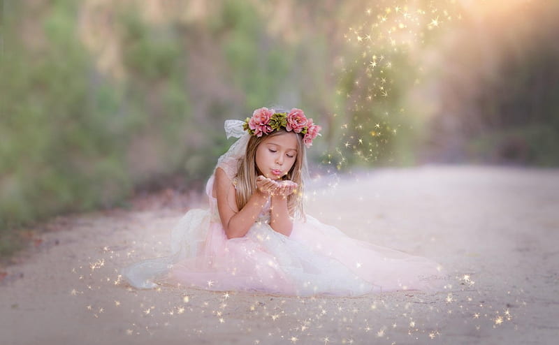 Pixie dust for you!, dress, girl, pixie dust, flower, child, white, road, pink, HD wallpaper