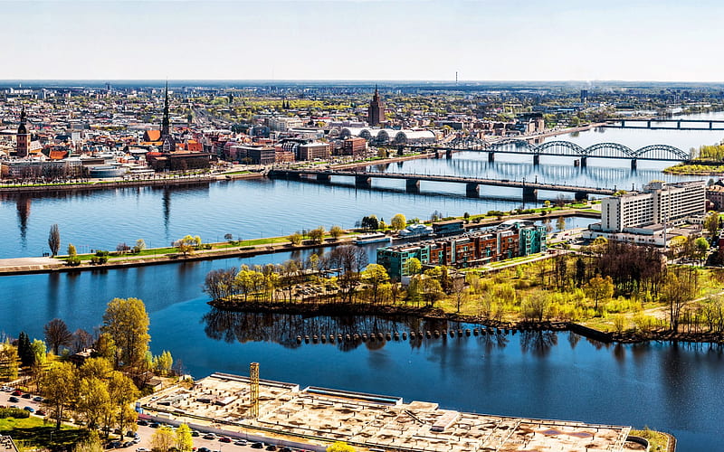 Riga, summer, river, Latvia, urban panorama, HD wallpaper