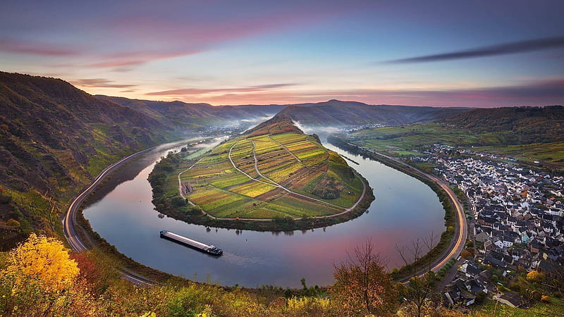 braine, germany, barge, river moselle, moselle river, autumn, HD wallpaper