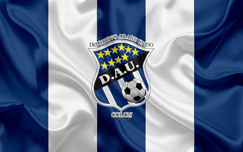 CD Arabe Unido logo, silk texture, Panama football club, white blue flag, emblem, Panamanian Football League, LPF, Colon, Panama, football, HD wallpaper