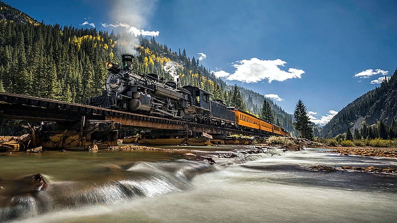 Durango And Silverton Narrow Gauge Railroad Train, Colorado, river, clouds, landscape, trees, locomotive, sky, steam, usa, HD wallpaper