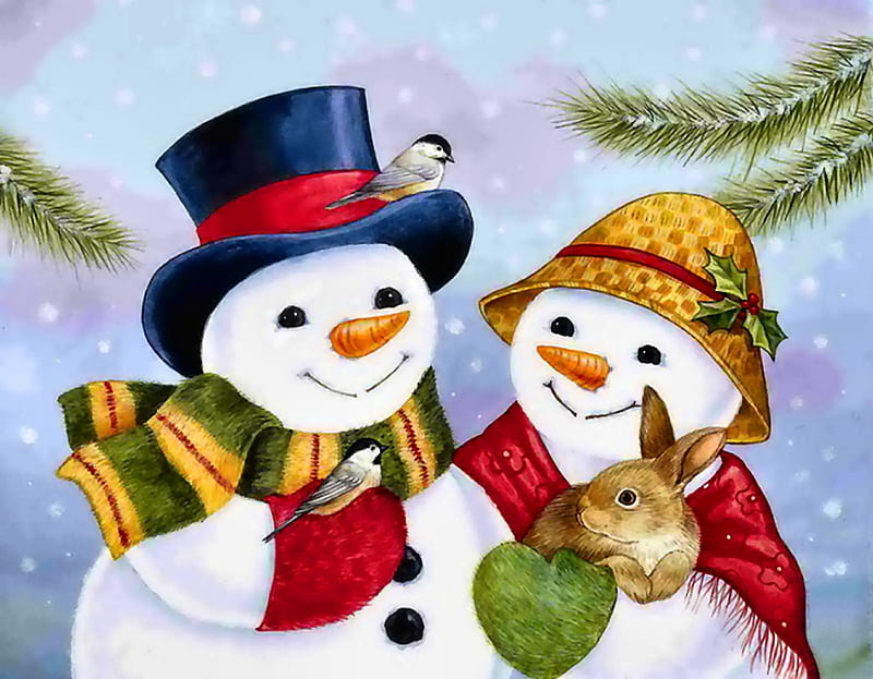 Snowman Couple FC, scarves, snowwoman, bonito, illustration, artwork, chickadees, painting, wide screen, scenery, couple, art, hats, rabbit, snowman, winter, snow, four seasons, landscape, HD wallpaper