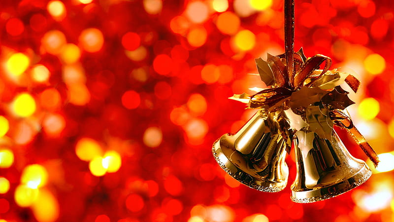 Golden Christmas Bells In Red Bokeh Background Christmas, HD wallpaper
