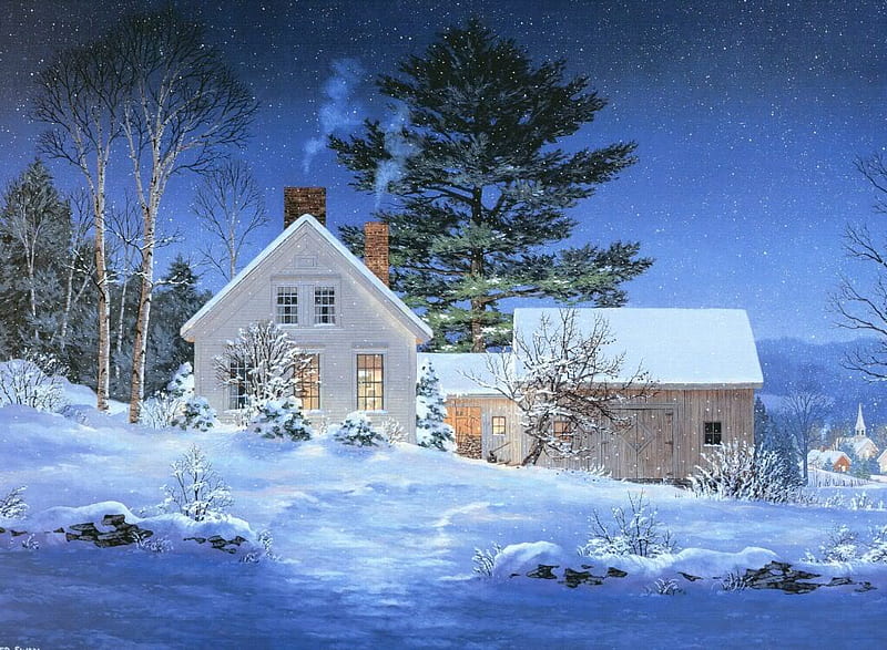 Home for the winter, windows, house, snow, bonito, white, trees, smoke ...