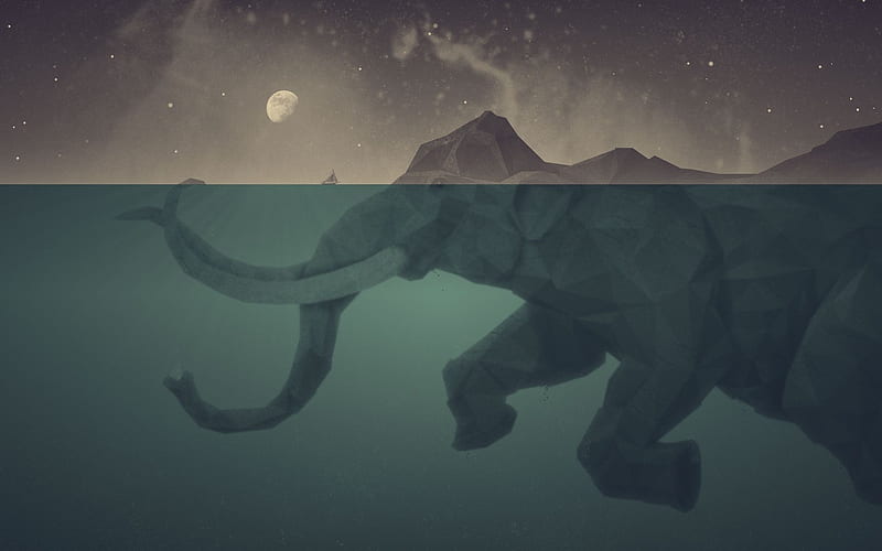 Mammoth mountains, moon, elephant, creative, sea, mountain, fantasy, moon, water, summer, island, mammoth, HD wallpaper