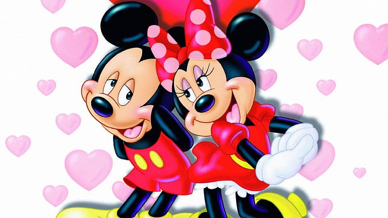 Minnie Mouse And Mickey Mouse With Background Of White And Pink Hearts Minnie Mouse, HD wallpaper