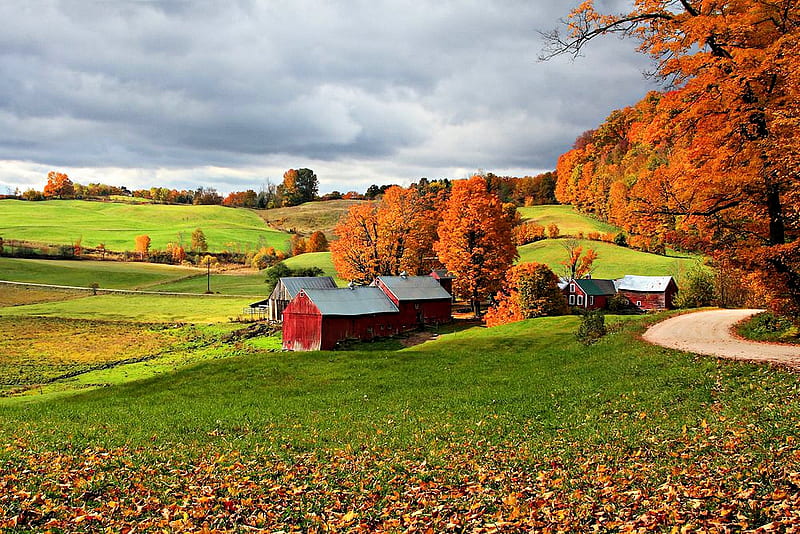 Farm In Stowe, Vermont, New England, autumn, house, sky, trees, clouds ...