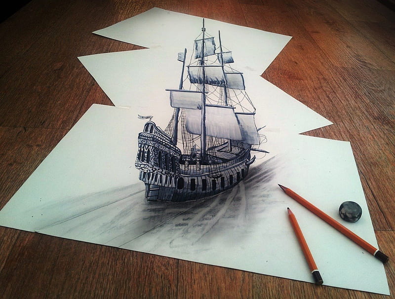 Sailing Through My Imagination, art, boat, ship, pencil, drawing, HD wallpaper