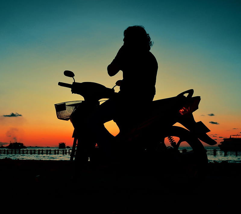 Ride To Sunset, beach, bike, cloud, cycle, gold, man, ocean, sky, HD wallpaper