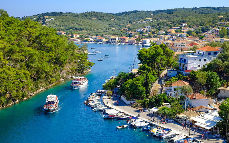 Сorfu, Ionian Sea, summer, bay, yachts, island, Greece, beautiful city, HD wallpaper