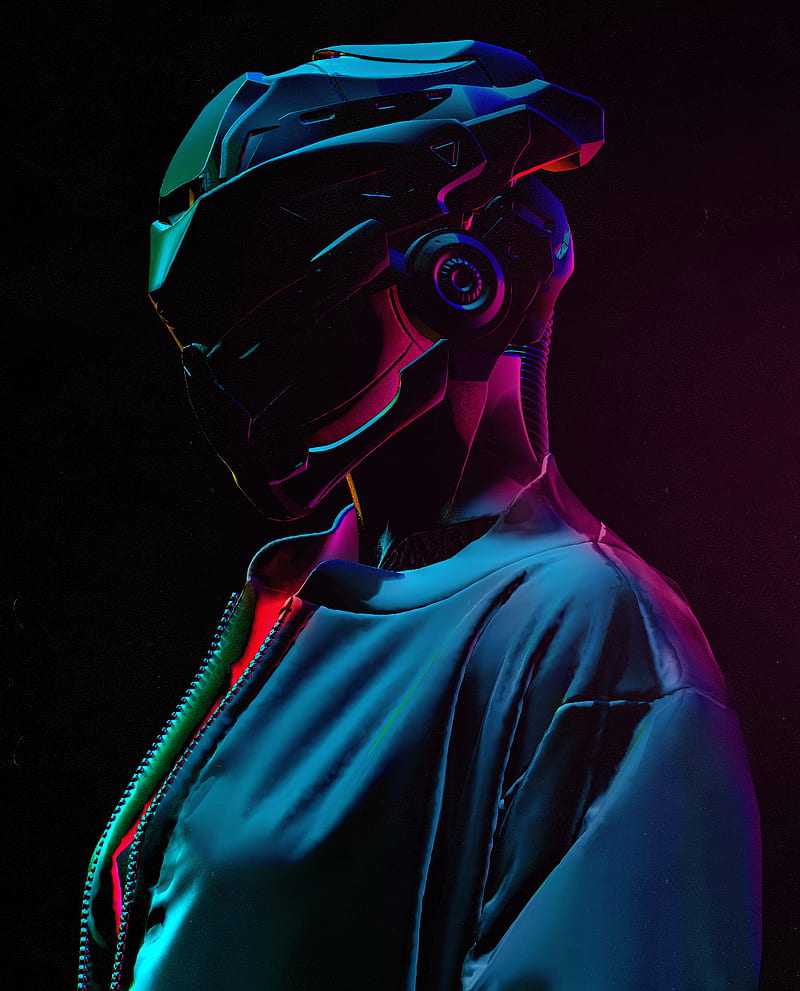 cyborg, helmet, future, colorful, dark, HD phone wallpaper