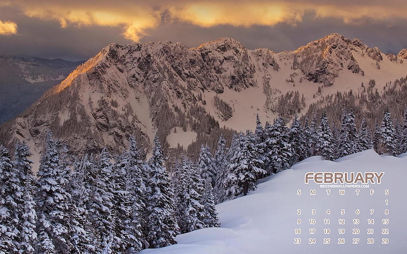 February 2020 Calendar, winter landscape, mountain landscape, 2020 winter calendars, 2020 February Calendar, mountains, HD wallpaper