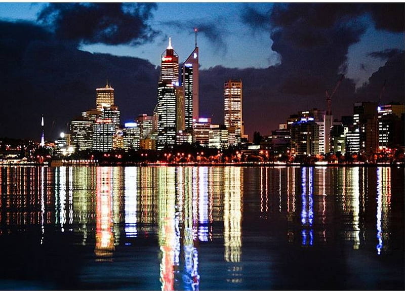 City of Lights, city, night lights, harbour, buildings, australia, reflection, perth, HD wallpaper