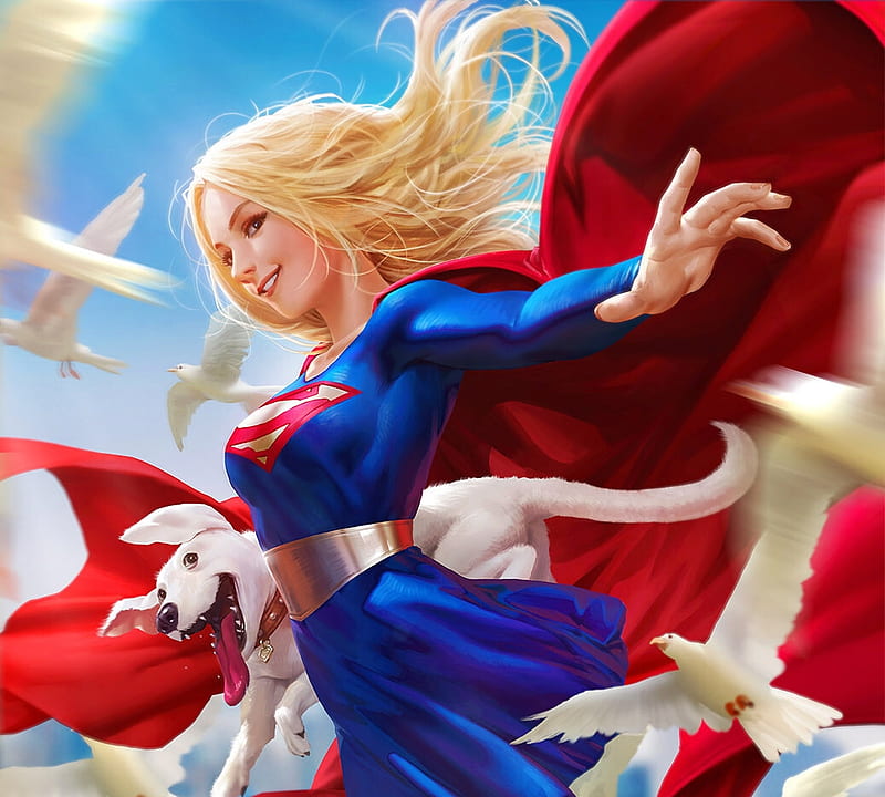 Supergirl, caine, white, blue, dog, red, frumusete, luminos, derrick chew, wind, fantasy, bird, HD wallpaper