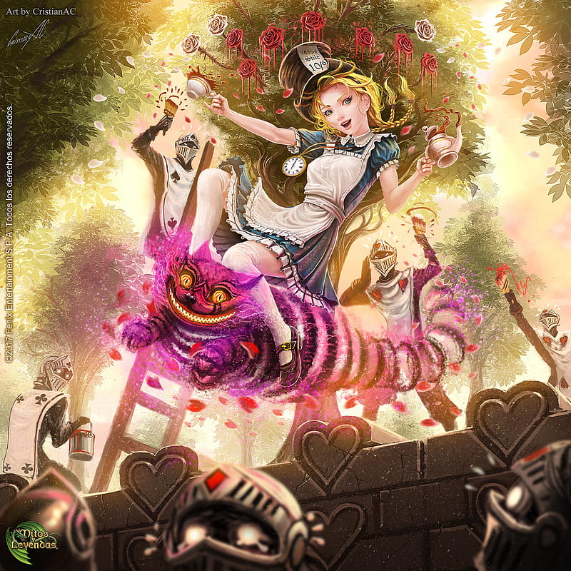 Alice in Wonderland, blonde, cat, dress, fantasy, fly, girl, hat, HD phone wallpaper
