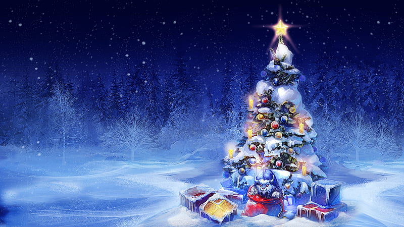 Christmas gifts, tree, parcels, snow, winter, decoration, HD wallpaper