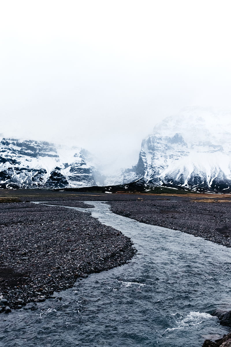 river, glaciers, mountains, fog, current, stones, iceland, HD phone wallpaper