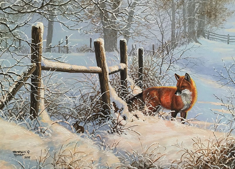 Fox, pictura, winter, iarna, red, art, fence, abraham hunter, animal, vulpe, painting, white, HD wallpaper