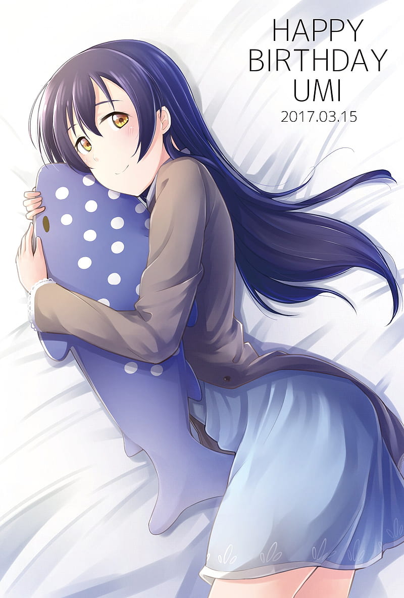 Love Live!, anime girls, Sonoda Umi, anime, in bed, long hair, blue, HD phone wallpaper