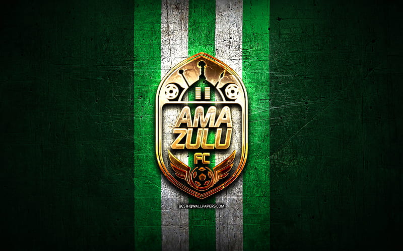 AmaZulu FC, golden logo, Premier Soccer League, green metal background, football, AmaZulu, PSL, South African football club, AmaZulu logo, soccer, South Africa, HD wallpaper
