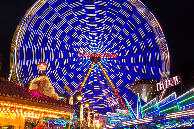 Light traces of a ferris wheel, Ferris wheel, Fair, Carnival, Festival, Fete, Big wheel, HD wallpaper