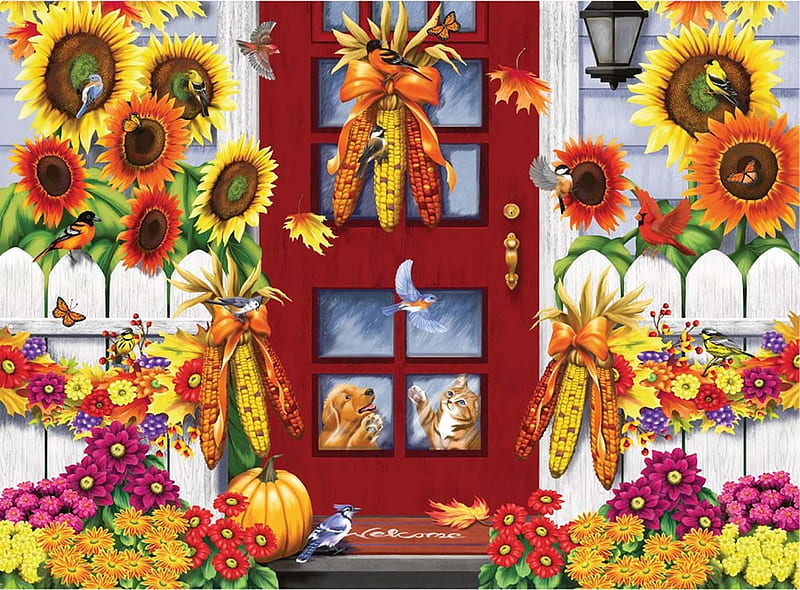 Autumn Birds, corn, sun, autumn, food, indian, colors, flowers, natural, HD wallpaper