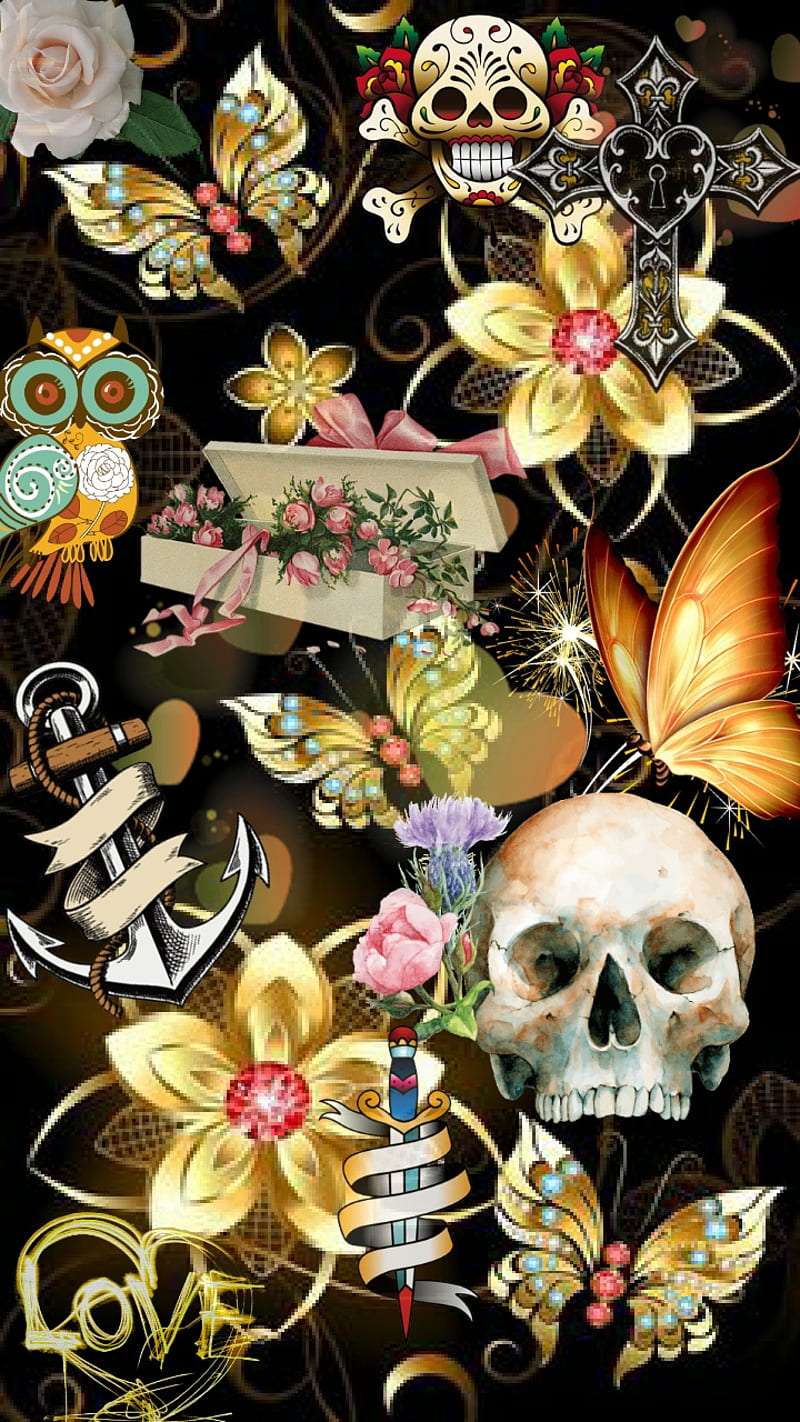 Fancy, anchor, butterflies, cross, flower, gold, owl, skull, sugsr, HD phone wallpaper