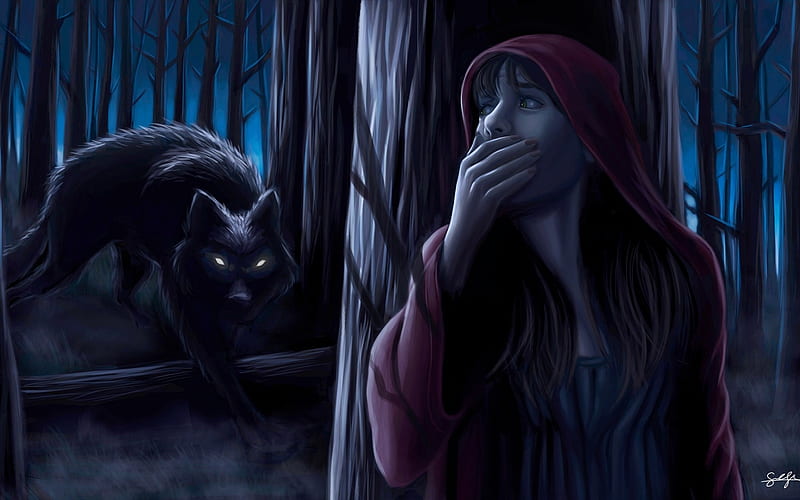 Little Red Riding Hood, forest, luminos, woods, wold, samuel shin, fantasy, girl, dark, lup, night, HD wallpaper