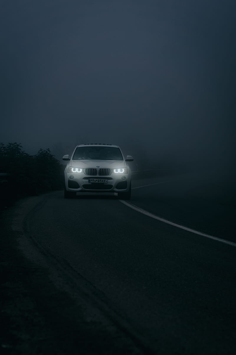 bmw, car, white, road, fog, twilight, HD phone wallpaper