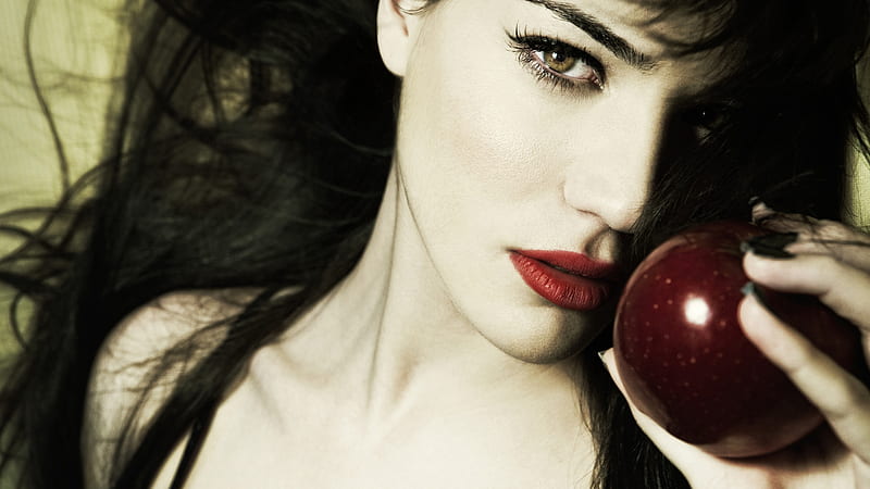 Tempting Eve, apple, red, tempting, bonito, eyes, lips, lady, eve, HD wallpaper