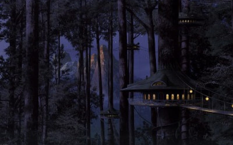 Scenic Fantasy, forest, futuristic housing, darkness, HD wallpaper