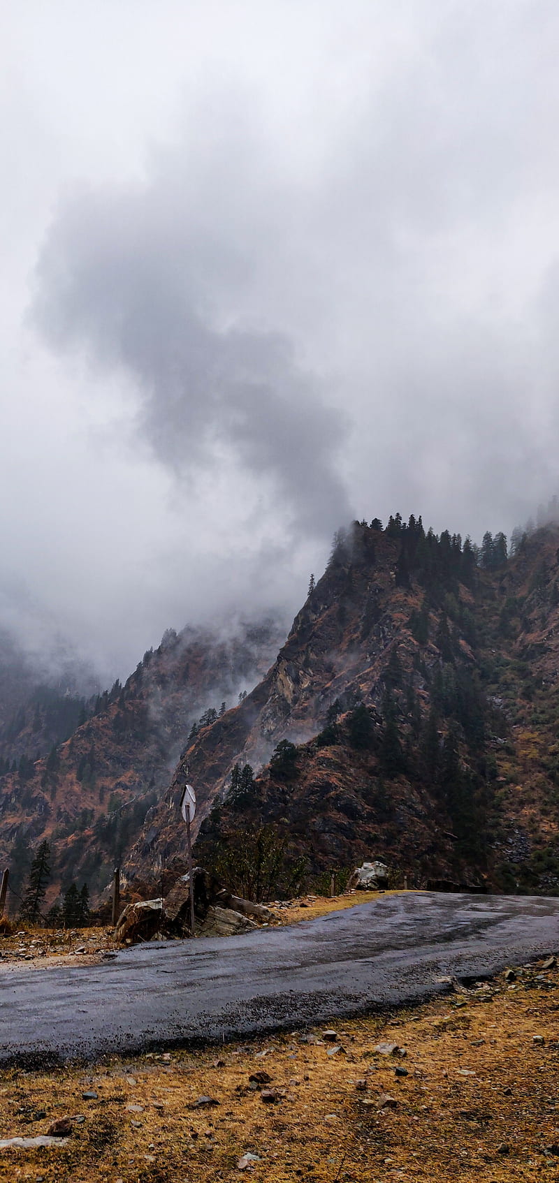 Cloudy Mountain, alone, clouds, himachal pradesh, peace, road, HD phone wallpaper