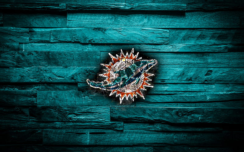 Miami Dolphins scorched logo, NFL, blue wooden background, american baseball team, American Football Conference, grunge, baseball, Miami Dolphins logo, fire texture, USA, AFC, HD wallpaper