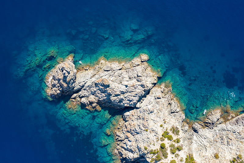 rocks, island, sea, water, aerial view, HD wallpaper