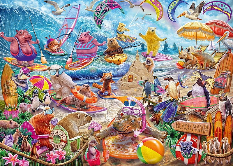 Beach Mania, colorful, penguin, bear, koala, raccoon, sea, animal, beach, steve sundram, vara, fantasy, irs, polar, summer, funny, pink, HD wallpaper