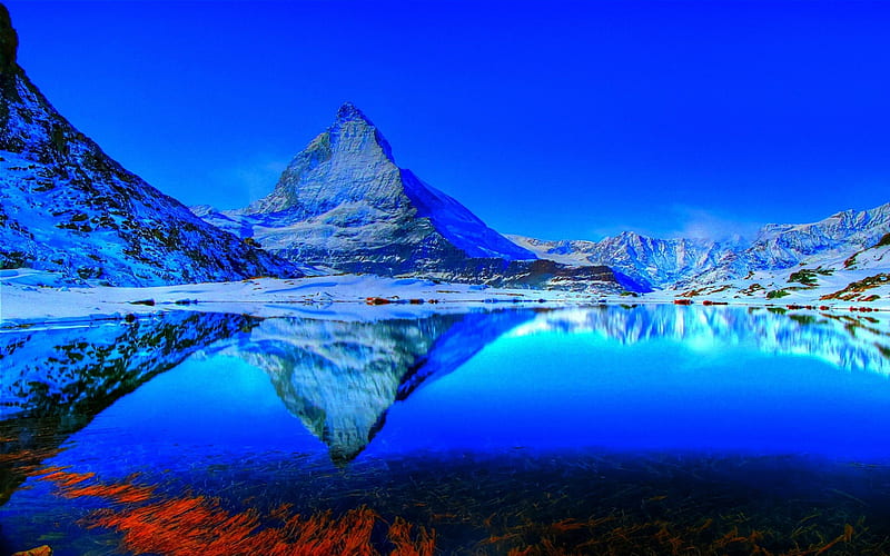 Matterhorn in Blue, lakes, mountains, nature, alps, sky, switzerland, blue, HD wallpaper