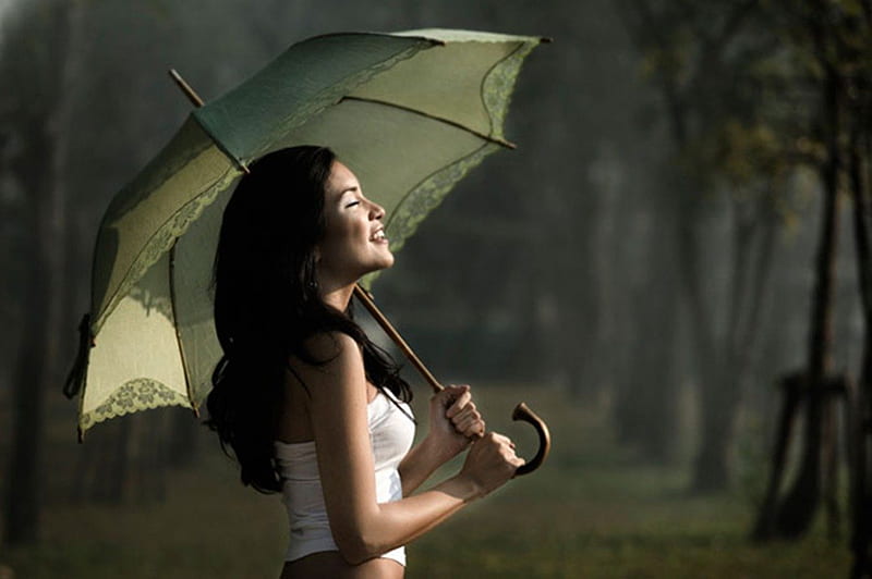 sun and rain, sun, girl, umbrella, laughter, joy, HD wallpaper