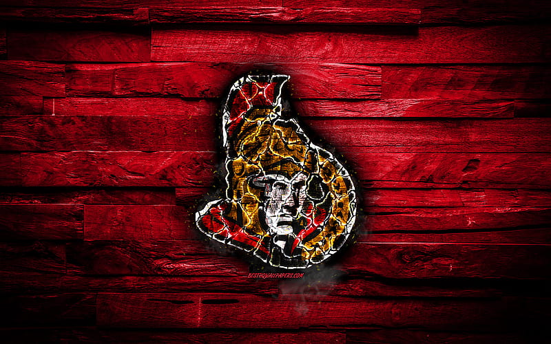 Ottawa Senators, fiery logo, NHL, red wooden background, american hockey team, grunge, Eastern Conference, hockey, Ottawa Senators logo, fire texture, USA, HD wallpaper