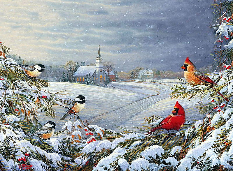 God's Country, chickadees, cardinals, snow, painting, birds, trees, church, artwork, HD wallpaper