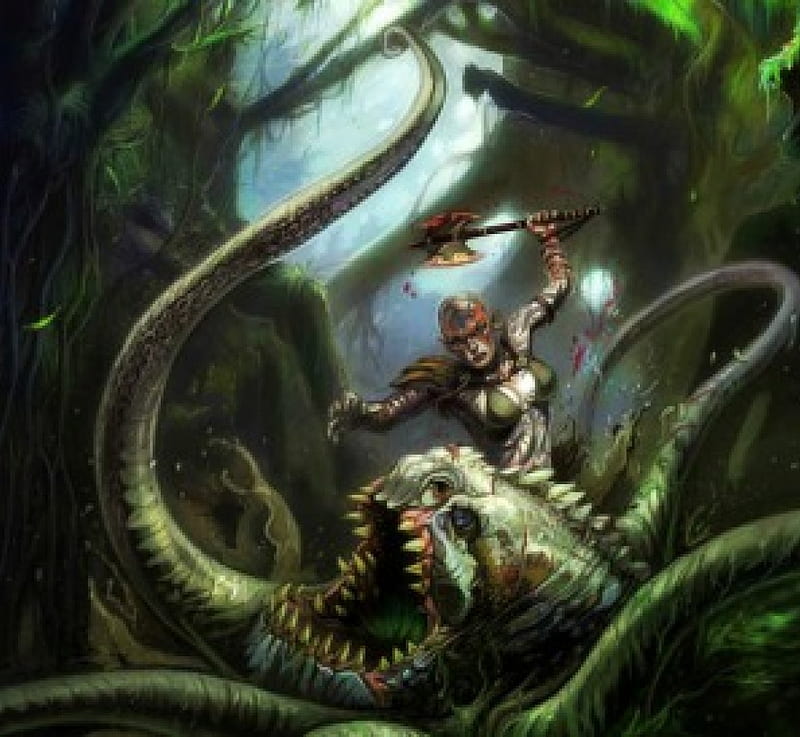 Female Thrall Battling Swamp Lurker, female, battle, sawmp lurker, thrall, swamp, HD wallpaper