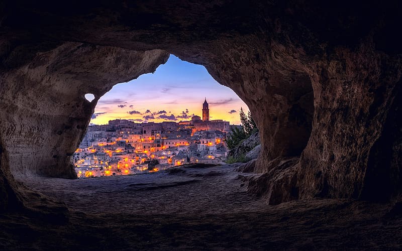 Night view Small town Tourism Cave Matera Italy, HD wallpaper
