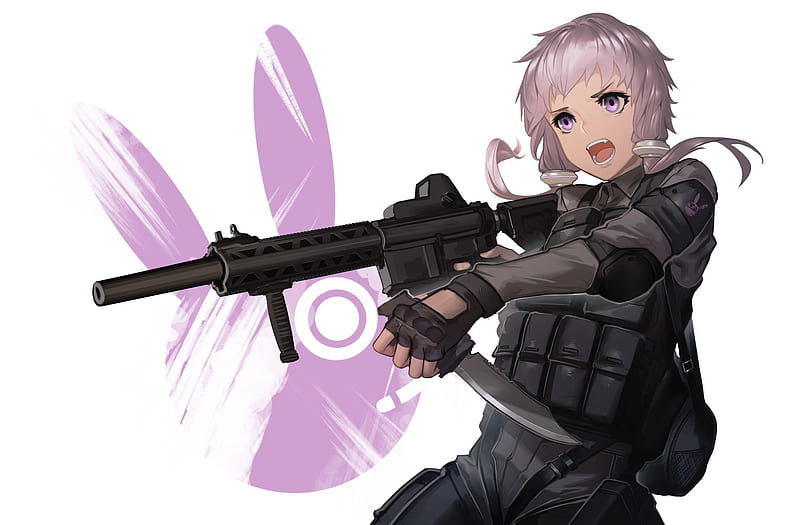 yuzuki yukari, vocaloid, rifle, military uniform, knife, purple hair, Anime, HD wallpaper