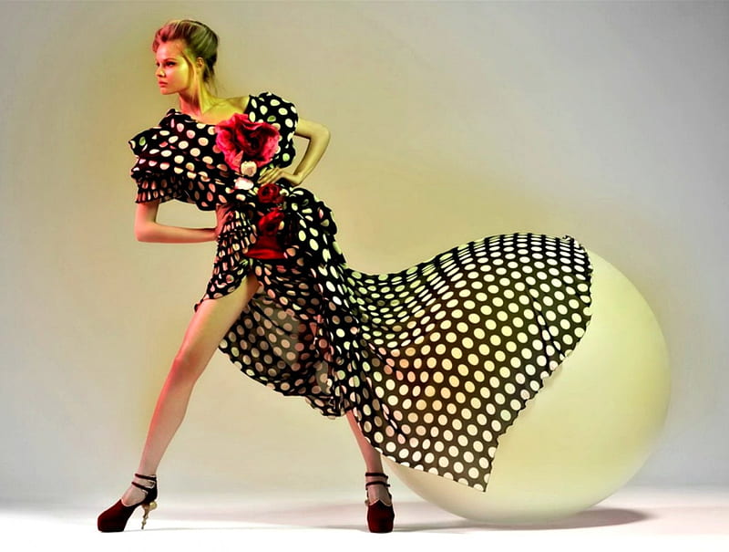 Magdalena Frackowiak, red, dress, black, woman, balloon, girl, solve sundsbo, stilettos, fashion, HD wallpaper