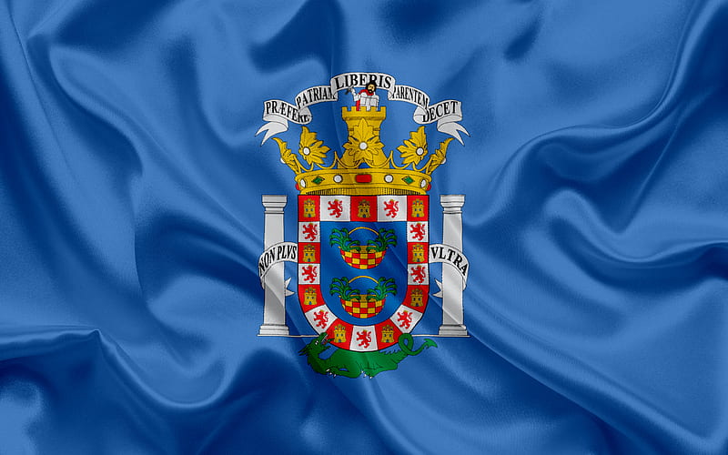 Flag of Melilla, Spain, Melilla coat of arms, Spanish city, blue silk, HD wallpaper