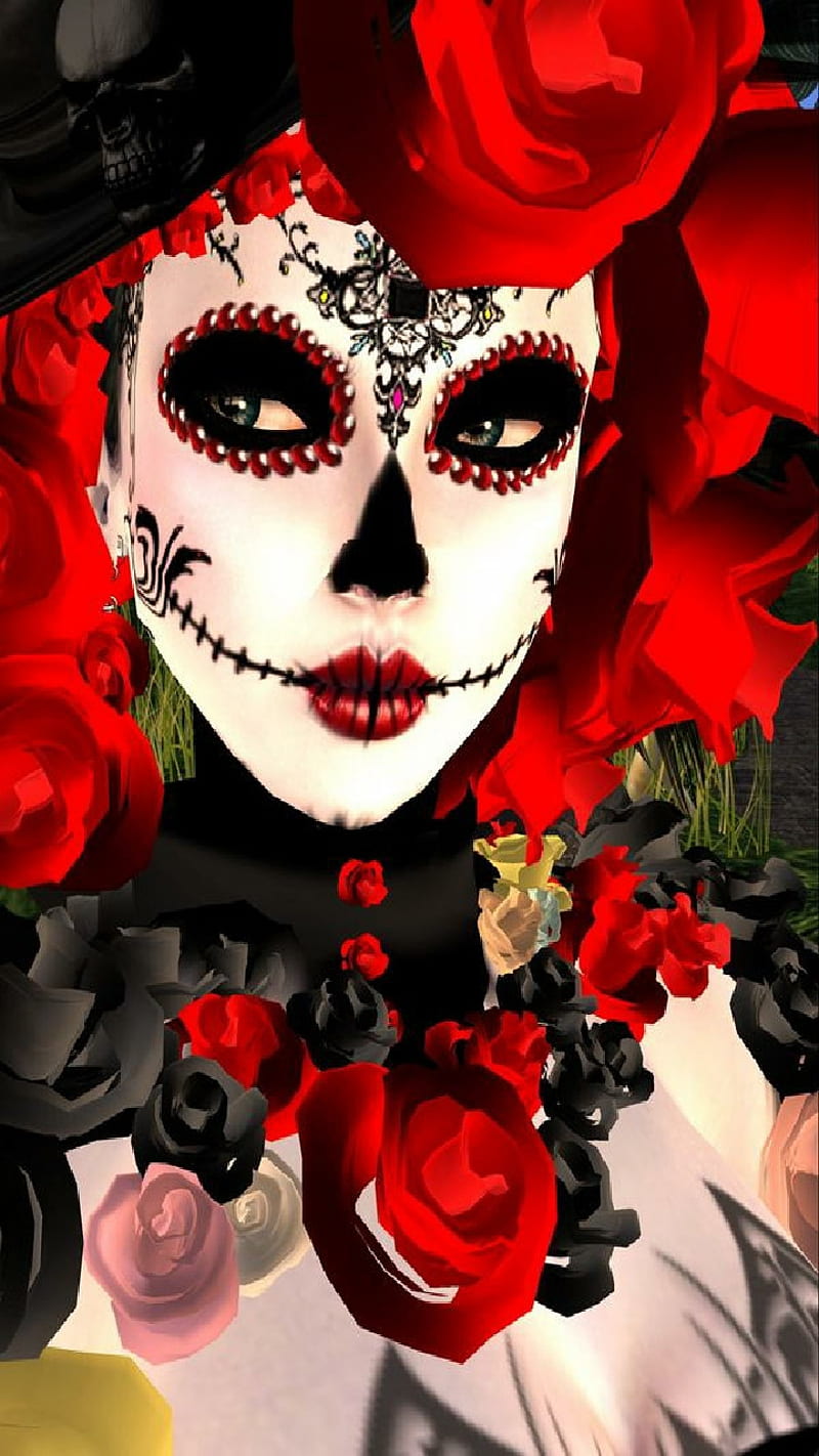 Unknown, sugar, skull, girl, dead, love, flowers, red, HD phone wallpaper