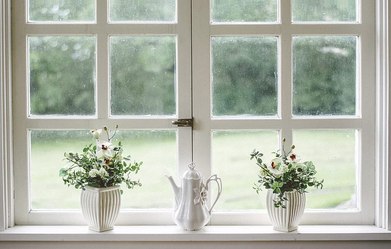 white teapot and tow flower vases on windowpane, HD wallpaper